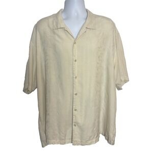 Tommy Bahama Mens XXL Button Up Shirt 100% Silk Hawaiian Beige Leaves Floral